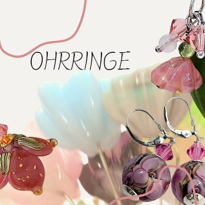 Einzigartiger Ohrschmuck Bunte Ohrringe in verschiedenen Formen und Farben, umgeben von floralen Details. Handmade lampwork