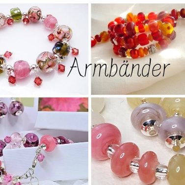 Individueller Glasschmuck Vielfältige Armbänder aus bunten handgefertigten Glas- Perlen in verschiedenen Stilen.