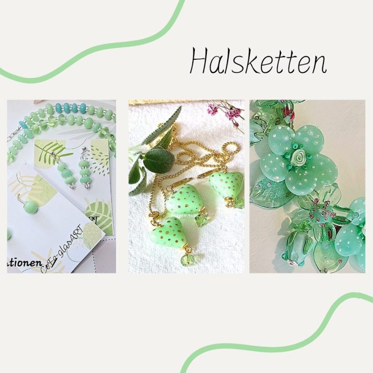 Außergewöhnlicher Halsschmuck Drei grüne Halsschmuckstücke auf hellem Hintergrund, darunter Ohrringe und Anhänger.