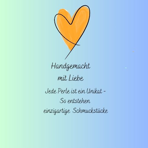 Handgemachter Glasschmuck Herz mit handgeschriebener Schrift, die handgemachte Schmuckstücke beschreibt.